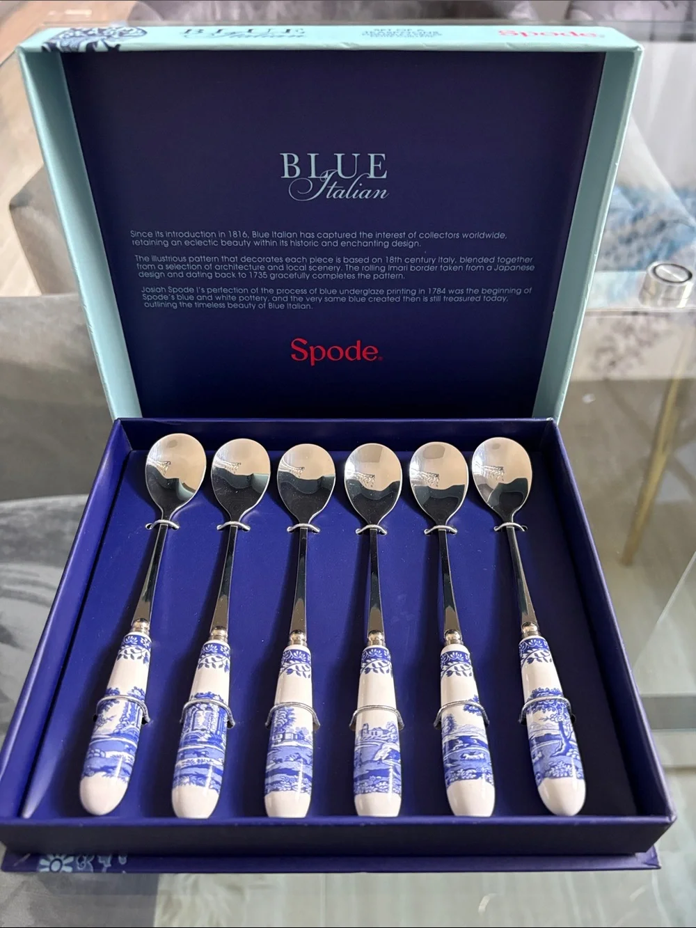 Spode Blue Italian Blue & White Porcelain Handle Teaspoon Set